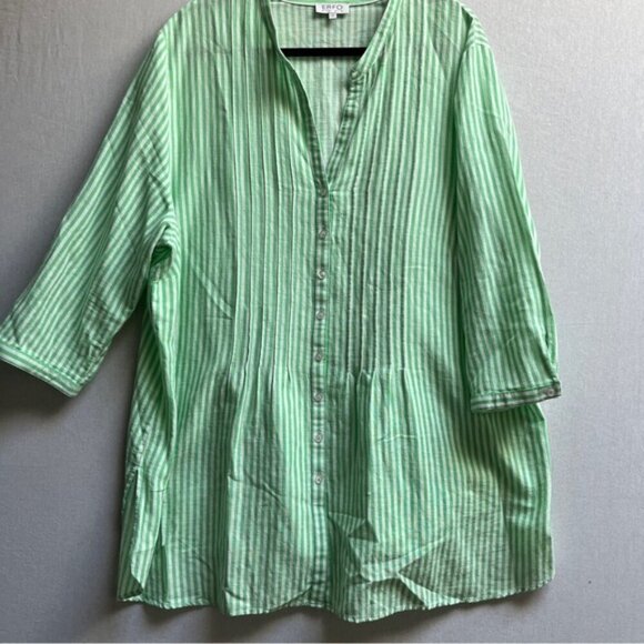 Tops - ERFO PURE Cotton Linen Green Striped Long Sleeve tunic shirt Sz 2XL